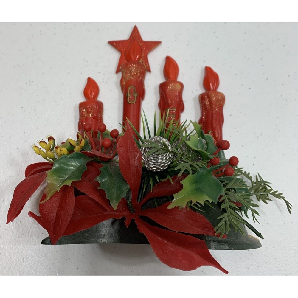 Vintage Plastic Xmas Centerpiece Glittered Drip Candles Poinsettia Greenery - Picture 7 of 7